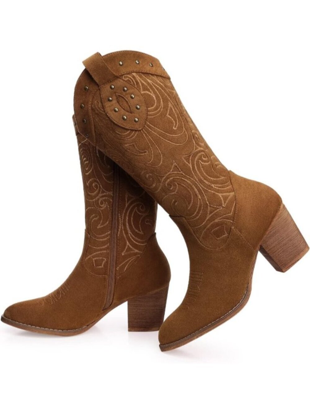 Women's Camel Comfortable Western Mid Calf Chunky Low Heel Boot Cowgirl Boots